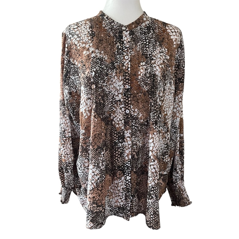 NYDJ Brown Snakeskin Print Pleated Peasant Blouse US L
